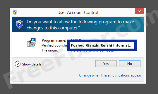 Screenshot where Fuzhou Xianzhi Ruishi Information Technology Co.,Ltd appears as the verified publisher in the UAC dialog